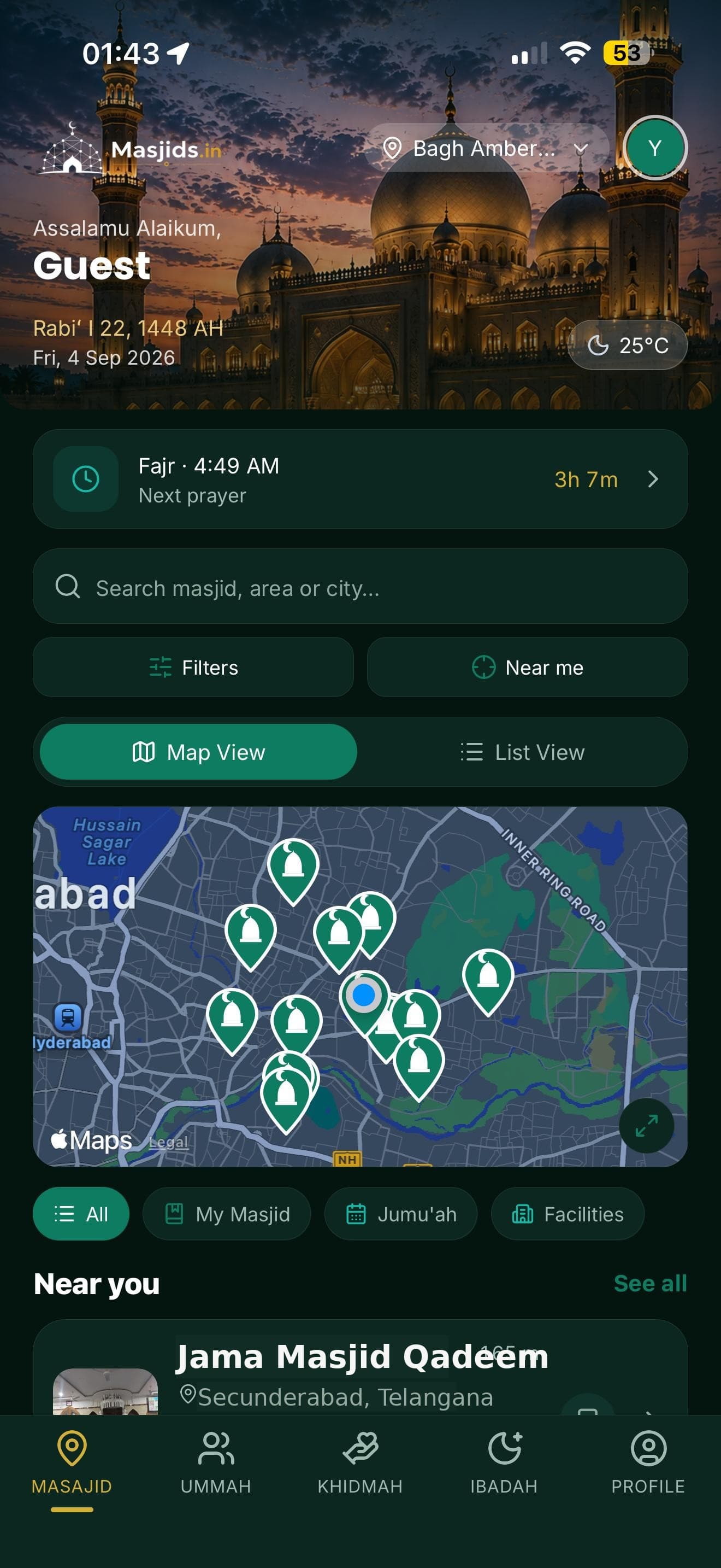 Masjids.in home screen showing the next prayer, a search bar and nearby masjids on a map of Hyderabad
